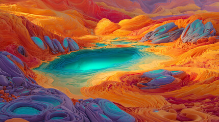 Vibrant alien landscape with turquoise pools and flowing orange mountains, perfect for sci-fi book covers and fantasy game backgrounds