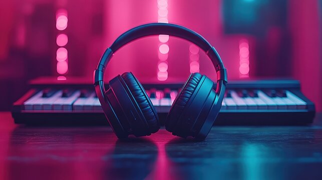 Headphones on piano in vibrant lighting - Powered by Adobe