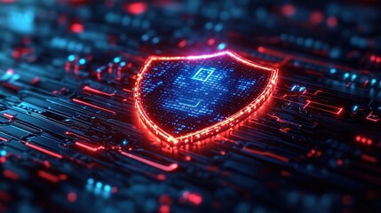 Glowing digital shield representing cybersecurity protection on a futuristic electronic circuit board with vibrant blue and red neon lights