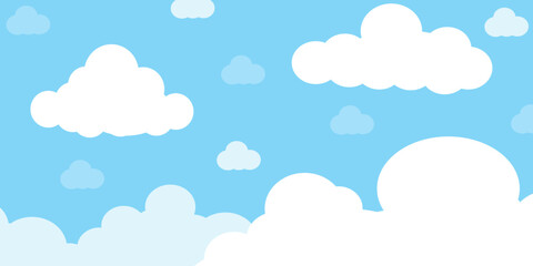 Illustration of a blue sky with white clouds in a flat style. Blue sky background and white clouds. Cartoon sky	