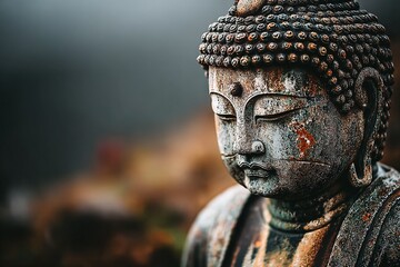 a close-up of a bronze Buddha statue with a blurred background