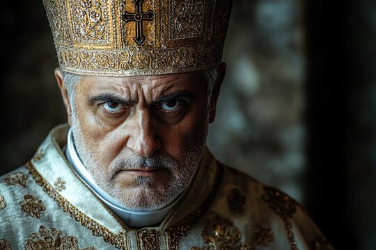 serious elderly man wearing ornate golden religious ceremonial vestments and a detailed mitre hat staring intensely