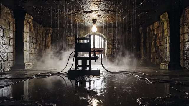 Dark spooky electric chair waiting in a wet prison dungeon with dramatic lighting and stone walls