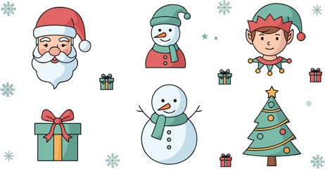 Festive Christmas and Holiday Icons Featuring Santa, Snowman, Elf, Gift, and Tree