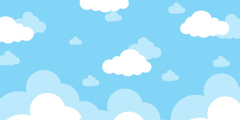 Illustration of a blue sky with white clouds in a flat style. Blue sky background and white clouds. Cartoon sky	