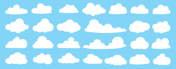 set of vector illustrations of clumpy clouds, cloud bubbles in flat style on a blue background	
