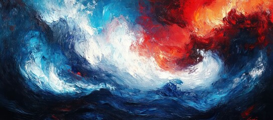 Abstract swirling ocean waves in deep blues and whites under a fiery red-orange sky creating a dramatic and intense atmosphere