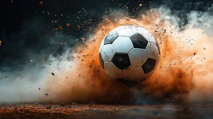 Fototapeta premium Close-up of a soccer ball hitting the ground with dirt and dust exploding dramatically around it in motion