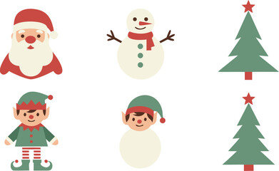 Collection of festive Christmas icons including Santa, snowman, elves, and decorated pine trees for holiday designs
