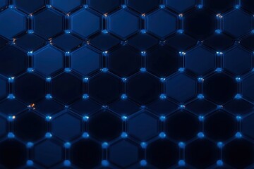 Dark blue hexagonal grid pattern with glowing nodes at intersections emitting soft light in a futuristic digital style