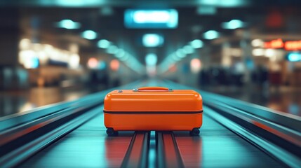 Bright orange suitcase standing on a moving walkway in a busy airport terminal with blurred background people and lights