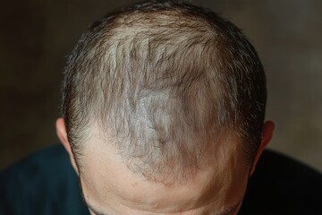 Fototapeta premium close-up of the top of a balding man's head with thinning hair and visible scalp under soft lighting