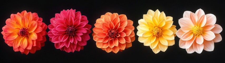 Naklejka premium Five vibrant dahlia flowers in a row displaying gradient colors from deep red to soft peach against a black background creating a vivid and harmonious floral arrangement