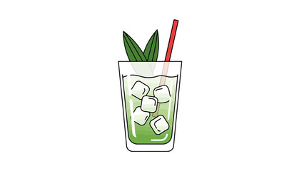 Refreshing Green Cocktail with Ice and Straw on White Background dessert bowl hand drawn illustration outline es cendol indonesia drink