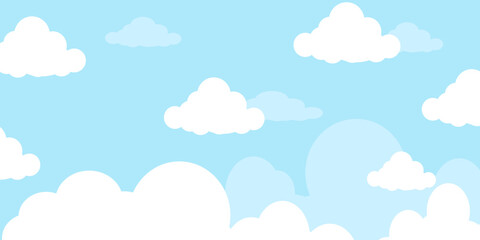 Illustration of a blue sky with white clouds in a flat style. Blue sky background and white clouds. Cartoon sky	