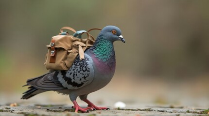 Pigeon with Small Backpack Standing on Ground in Natural Outdoor Setting