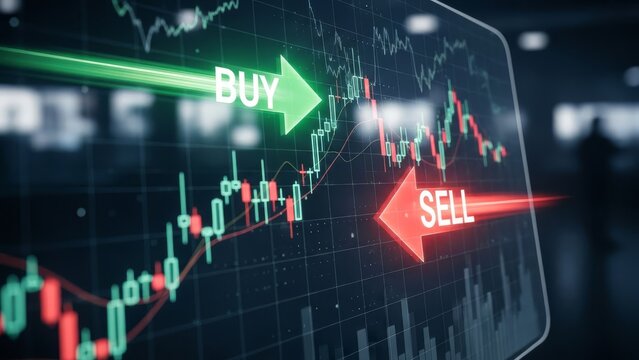 Financial stock market chart with buy and sell indicators for investment trading decisions