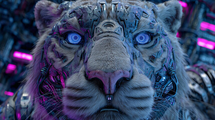 Futuristic cybernetic tiger with glowing blue eyes, a bold symbol of power and innovation for your next tech campaign or cutting edge design project