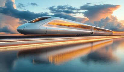Futuristic high-speed train gliding along a reflective water surface under a dramatic sunset sky with vibrant clouds