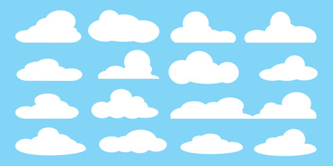 set of vector illustrations of clumpy clouds, cloud bubbles in flat style on a blue background