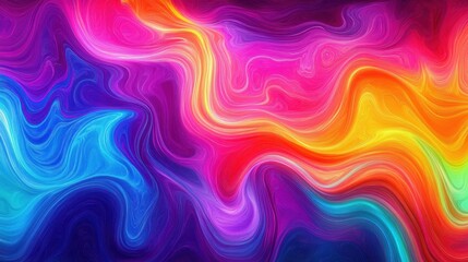 Abstract swirling waves of vibrant colors including pink, purple, blue, yellow, orange, and green creating a fluid, dynamic, and energetic visual effect