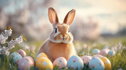 Cute light brown rabbit sitting in green grass surrounded by colorful decorated Easter eggs with flowers and soft blurred background