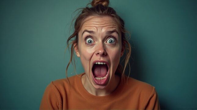 Surprised Young Woman with Wide Eyes and Open Mouth Expressing Shock in Casual Orange Sweater