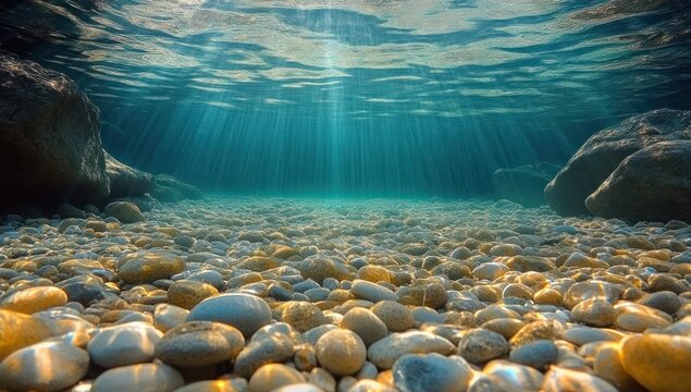 Underwater view of a rocky riverbed with sunlight rays penetrating clear blue water and illuminating smooth stones, creating a calm and serene atmosphere - Powered by Adobe