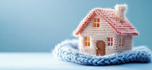 Small cozy crocheted house with warm glowing windows wrapped in a soft blue knitted scarf symbolizing warmth and protection