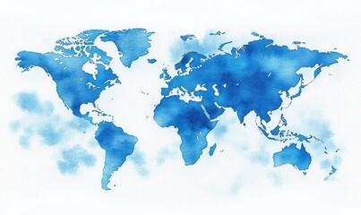 Watercolor painted map of the world with continents and oceans in varying shades of blue on a white background