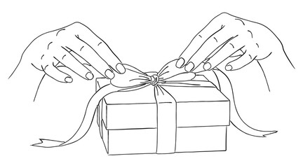 プレゼントボックスのリボンを結ぶ・ほどく手のイラスト,ギフト,贈り物,お祝い,ラッピング,サプライズ,シンプル,ベクター, 線画