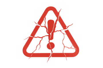 Broken warning sign with an exclamation mark showing cracks, representing danger, error, alert, and urgent risk. Transparent background
