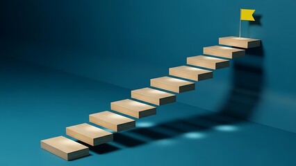 Staircase to success with a yellow flag at the top