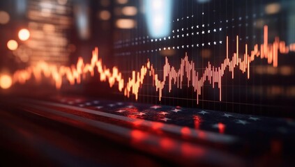 Digital financial chart with fluctuating orange line graph over blurred cityscape and American flag colors reflecting economic volatility and uncertainty