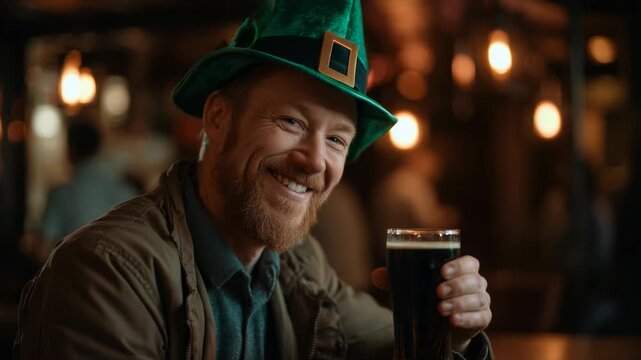 Smiling man celebrates St. Patrick's Day with a pint of dark beer