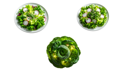 Creative food concept: two identical servings of fresh vegan leaf salad juxtaposed with a mysterious, water-covered, bioluminescent spiral green plant design png
