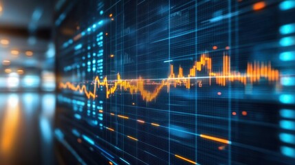 Dynamic digital financial chart with orange fluctuating line graph and blue glowing data points in a high-tech environment