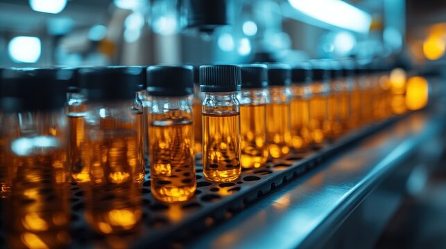 Laboratory test tubes with amber liquid on conveyor