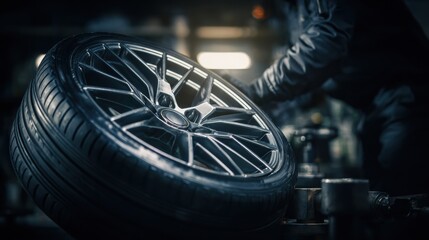 Repairman Balances Wheel and Installs Tubeless Tire on Balancer in Car Workshop During Busy Day