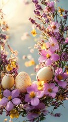 Obraz premium Delicate pastel floral arrangement with three speckled eggs nestled among pink and yellow flowers bathed in soft warm sunlight creating a serene and cheerful spring atmosphere