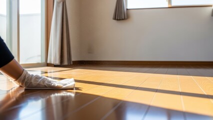 年末の大掃除で日差しがたっぷり差し込む明るく清潔 なリビングの掃除の場面