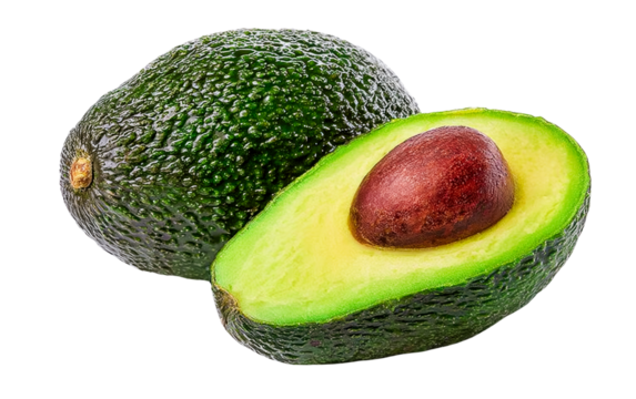 fresh avocado: whole and half with seed isolated on black