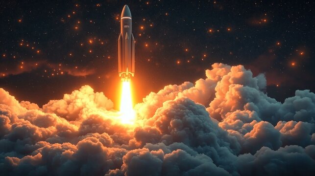 rocket launching through dense clouds at night with bright fiery exhaust and glowing stars in the sky conveying energy and adventure