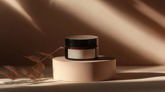 Minimal still life cosmetic cream jar on warm brown background