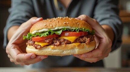 Close Up Hands Holding Large Cheeseburger with Lettuce Tomato Cheese and Sesame Seed Bun