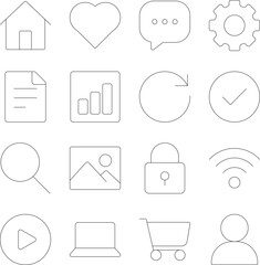 Minimal UI line icons featuring home, heart, chat, settings, chart, document, search, image, lock, wifi, play, laptop, cart and user symbols designed for modern interface projects.