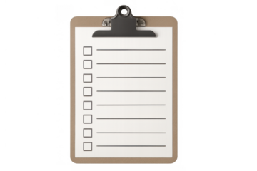 Clipboard with blank checklist and empty boxes for tracing tasks, organizing plans, and managing to-do lists on transparent background