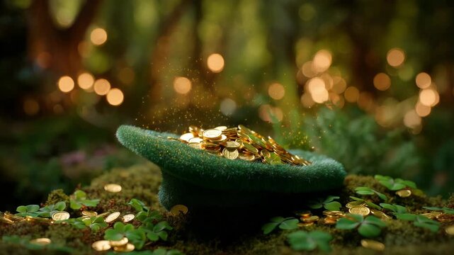 St. Patrick's Day gold coins in green hat in magical forest