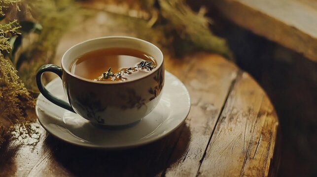 Serene herbal tea cup with aromatic thyme infusion on rustic wood