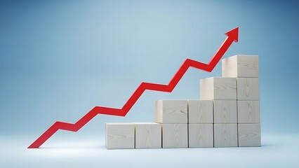 Red arrow graph shows upward trend over stacked cubes